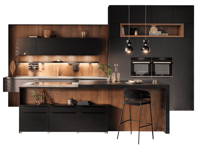 Cocina de diseño con horno y electrodomésticos integrados en columna