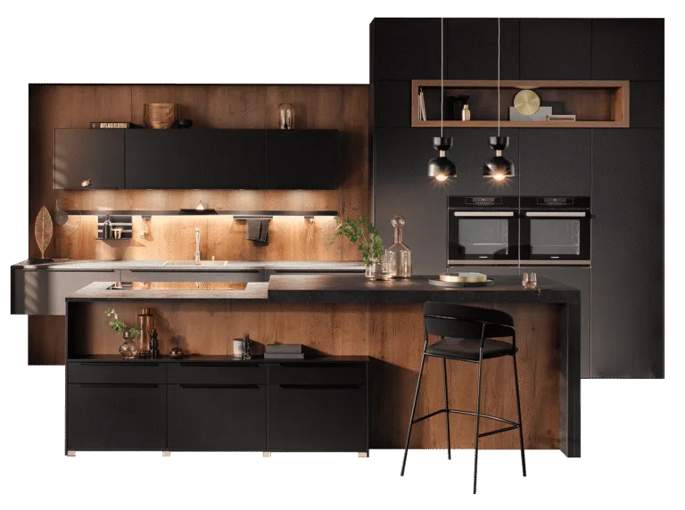 Cocina de diseño con horno y electrodomésticos integrados en columna